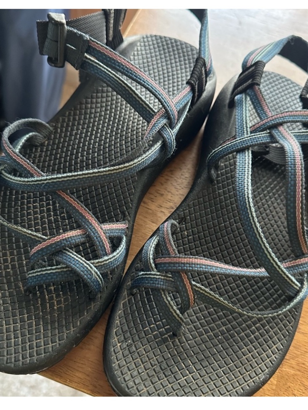Chaco Strappy Sport Sandals in Black with Blue and Pink Accents